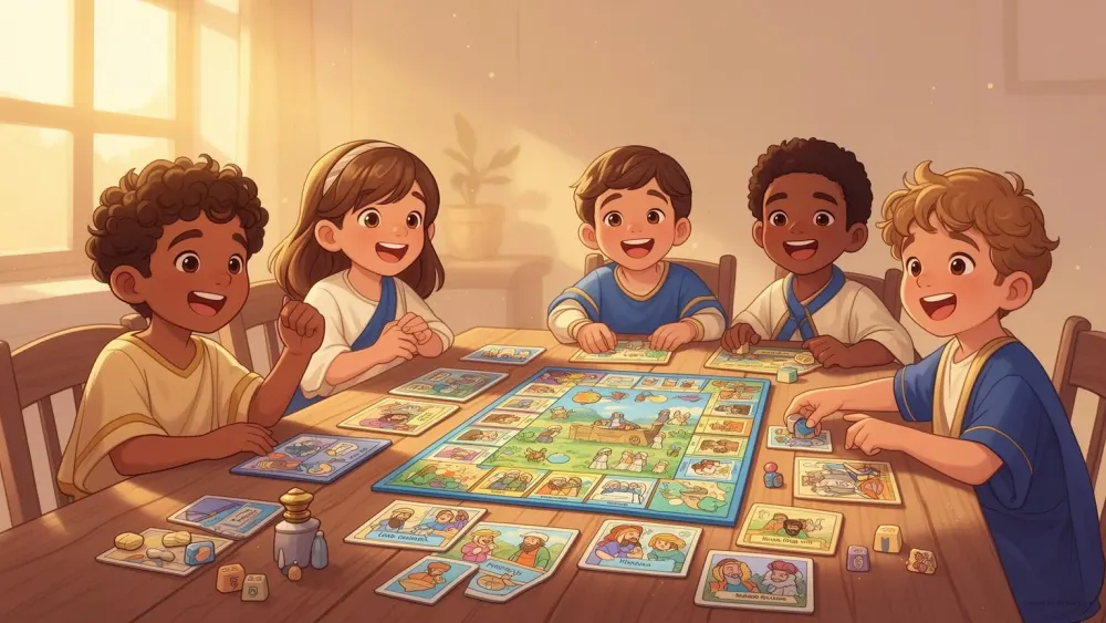 Crianças felizes jogando jogos bíblicos juntos