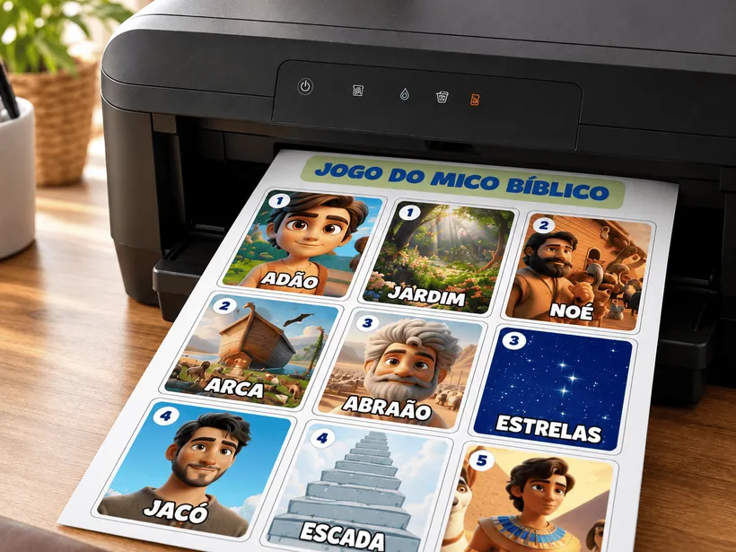 Cartas do Jogo do Mico bíblico saindo da impressora de casa