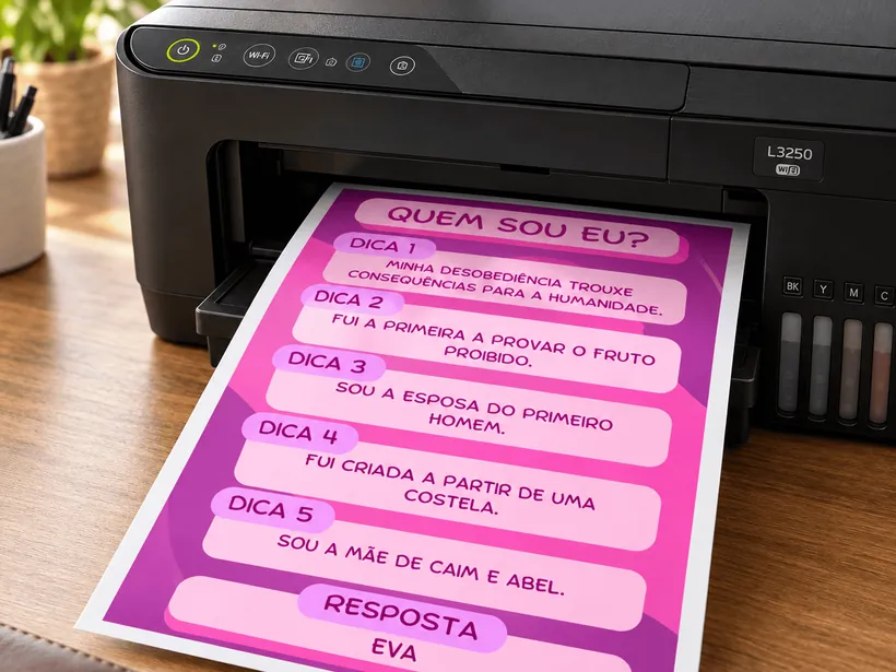 Cartas do jogo Quem Sou Eu bíblico saindo da impressora de casa