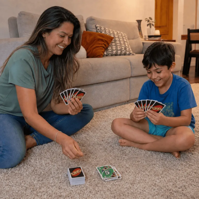 Mãe e filho sentados no tapete da sala jogando Uno juntos e sorrindo